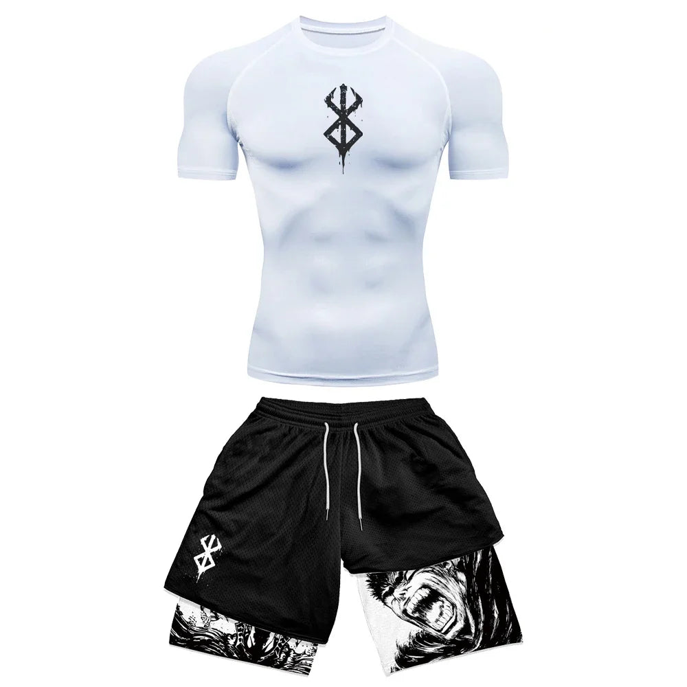 Anime 3D Printed Men'S Compression Set Short Sleeve Gym Top+Workout Shorts Quick Drying Breathble Athletics Rash Guard Set
