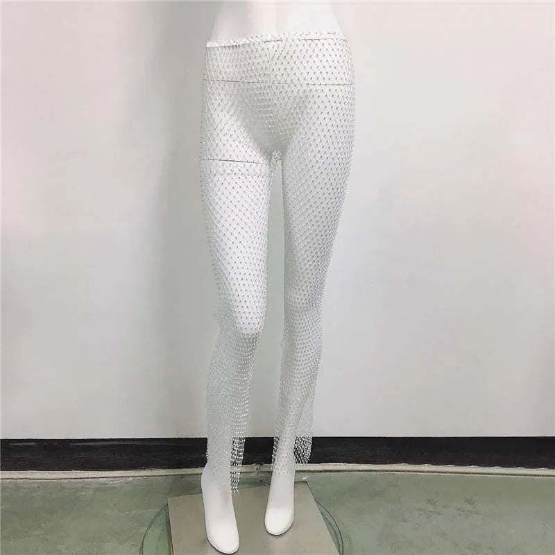 Sexy Y2K Streetwear Fishnet Rhinestone Pants Women Clothing See through Club Party Pants Vintage Clothes Wide Leg Pants Trousers