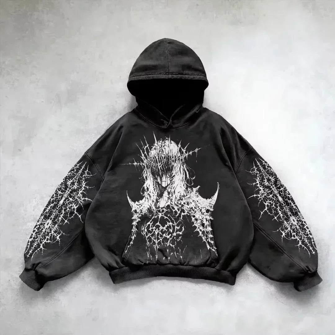 Retro Gothic Graphic Print Hip Hop Hoodie for Men Y2K Grunge Punk Casual Loose Pullover Women Streetwear Sweatshirt Hoodies