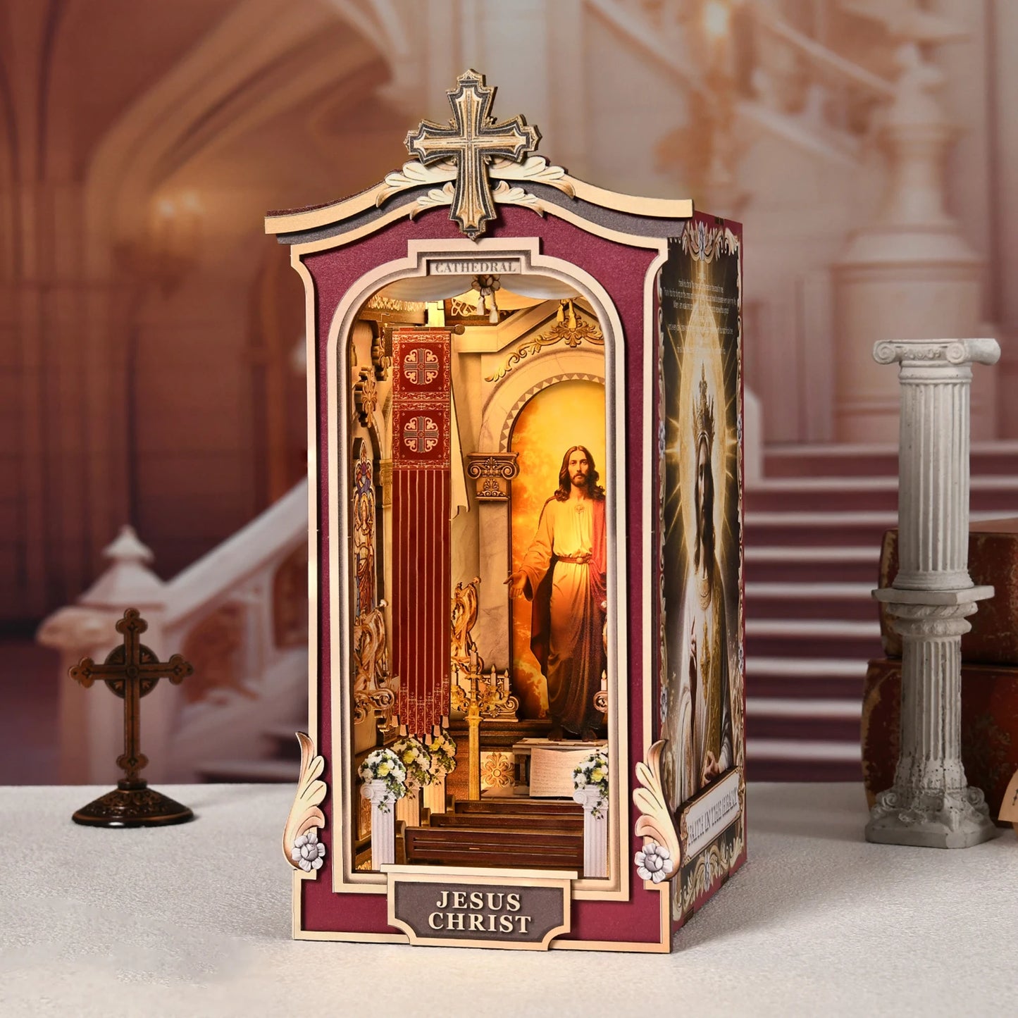 Book Nook Kit Cathedral DIY 3D Puzzle Classic Wooden Nativity Scene Ornament Bookshelf Dollhouse Model Bookend Building Home Dec