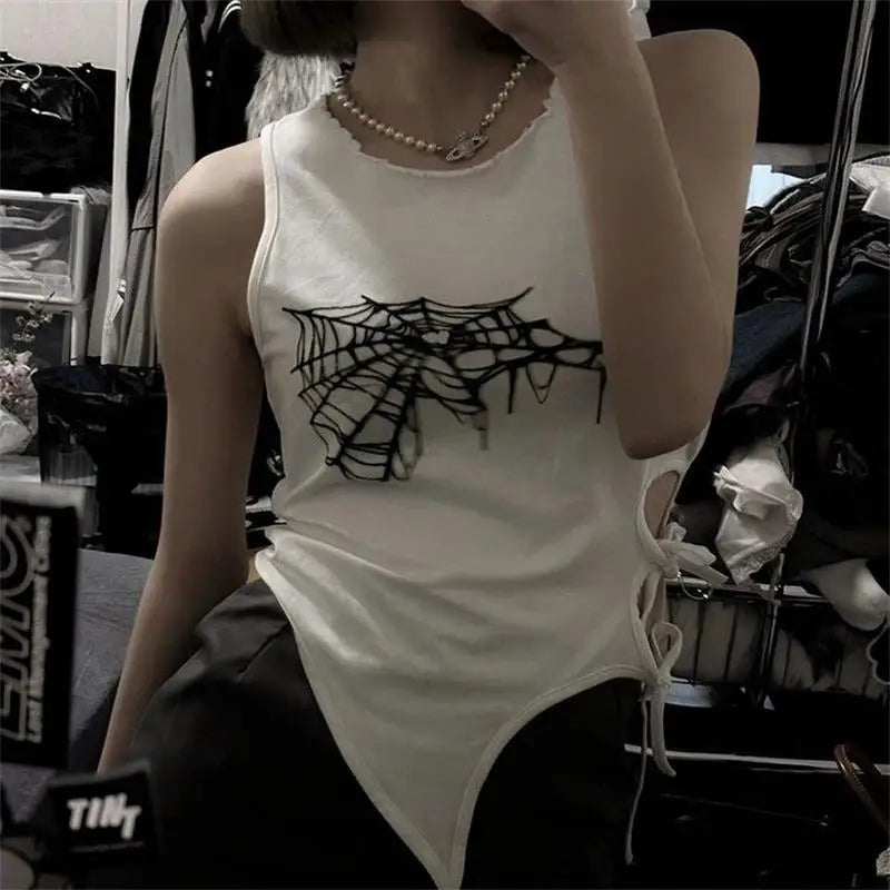 Summer Spider Web Print Tank Tops Aesthetic Hollow Out Bandage Punk Vest Irregular Women Causal Basic Y2K Streetwear Crop Top