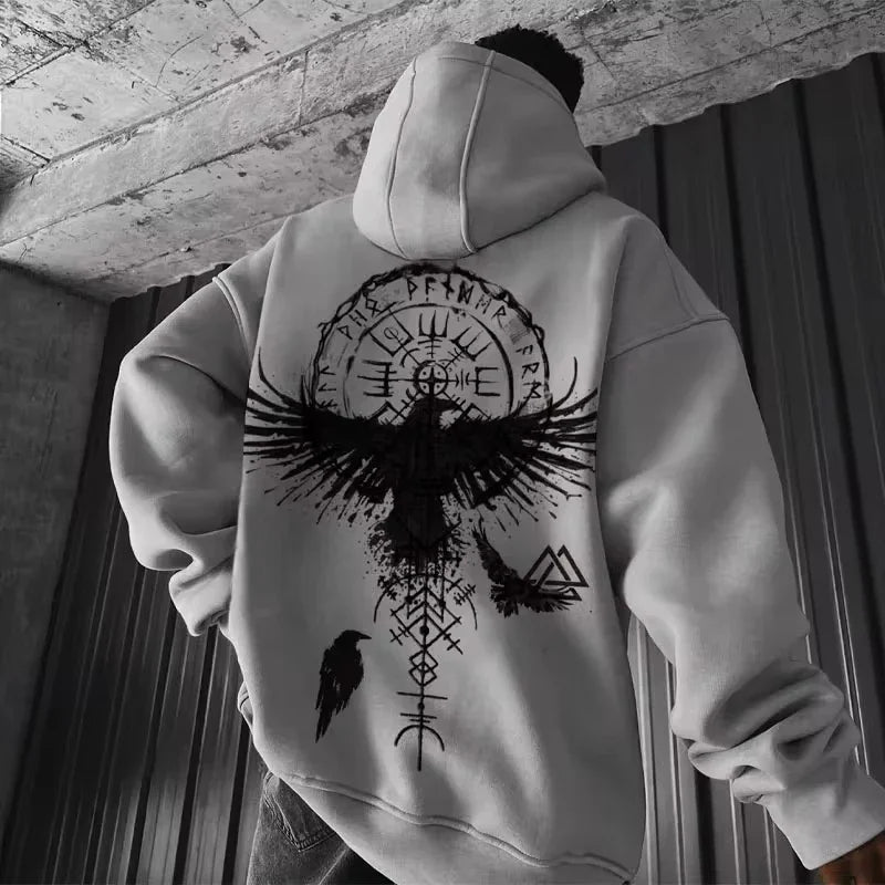 2025 Totem Viking Eagle Print Y2K Men Long-Sleeve Hooded Sweatshirt Autumn Winter Daily Outdoor Casual Street Fashion Sportswear