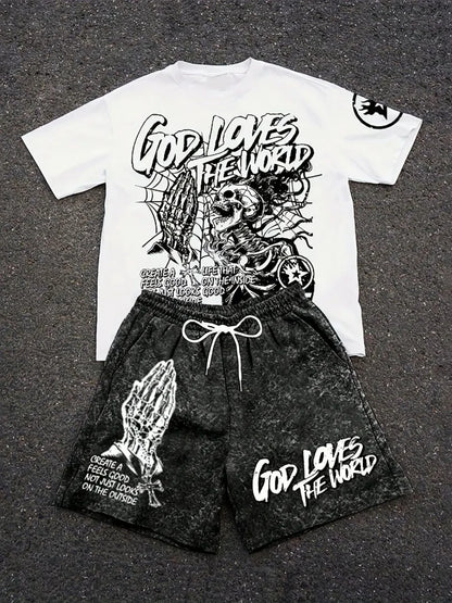 Men'S Summer New Skull Letter Print Comfortable and Breathable round Neck T-Shirt Drawstring Shorts Set Outdoor Streetwear