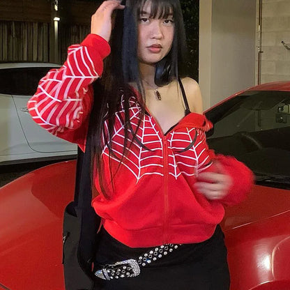 Y2K Rhinestone Skeleton Hoodies Women Gothic Black Zip up Oversized Sweatshirts Female Retro Harajuku Hooded Jackets Streetwear