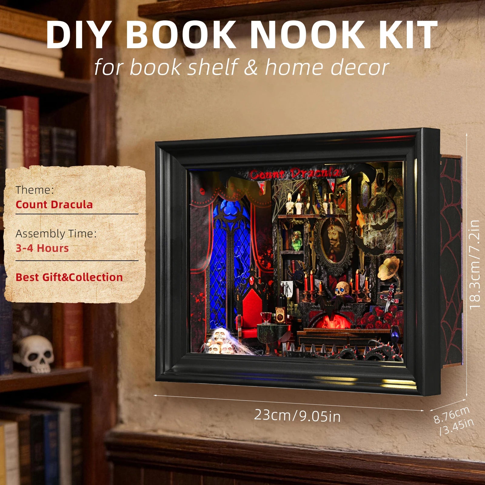 Book Nook Kit Vampire DIY Wooden Puzzle Dracula Gothic Style Halloween Bookshelf Dollhouse Model Bookend Building Home Dec