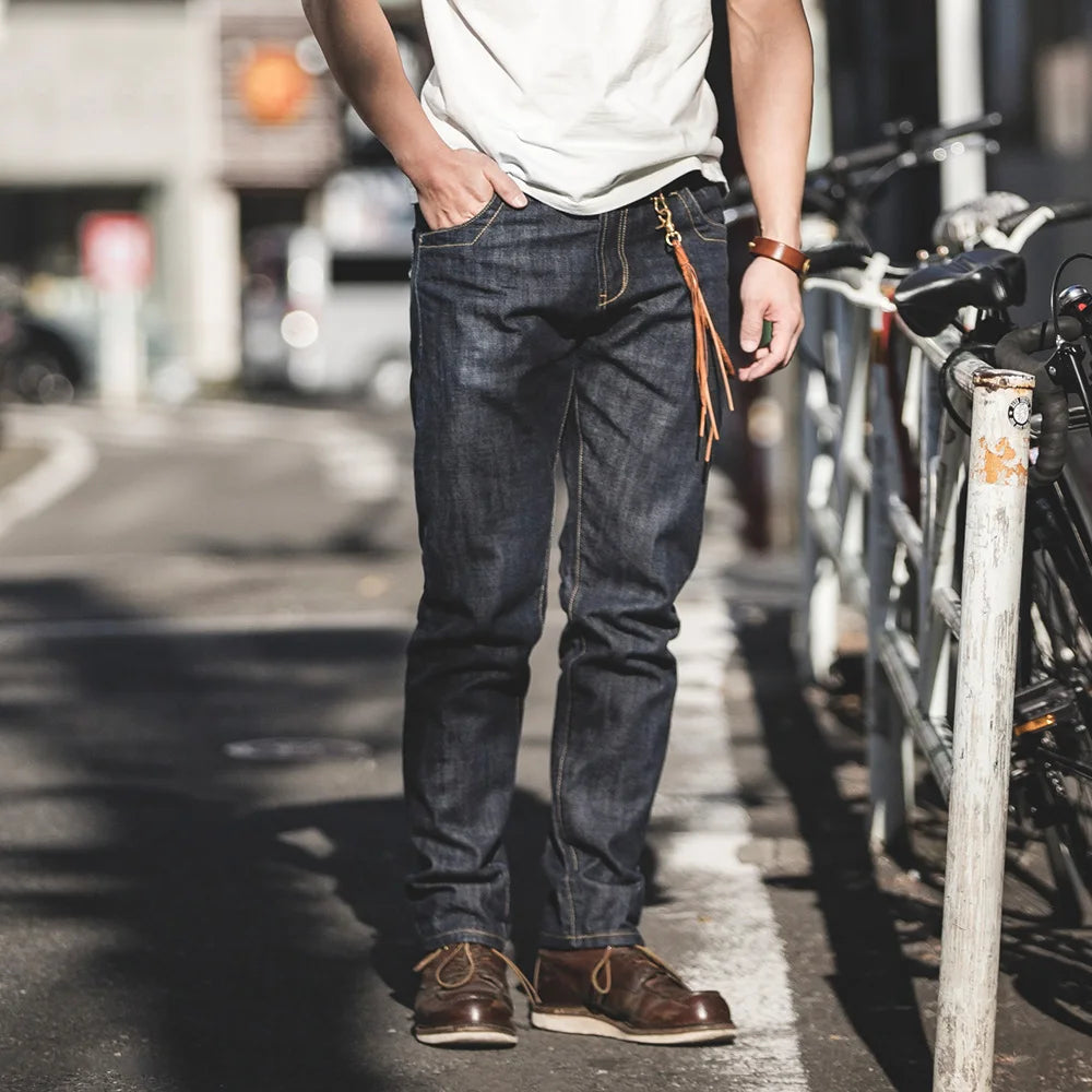 Men'S 14Oz Raw Selvedge Denim Jeans Vintage Straight Fit Horsehide Leather Patch Paris Buckle Jeans for Autumn and Winter