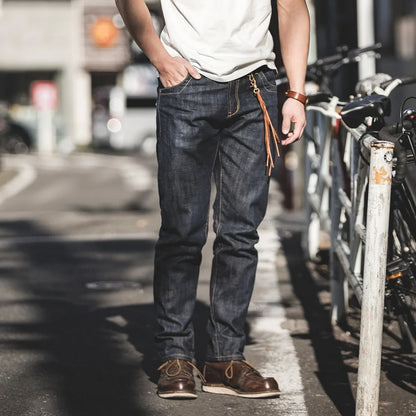 Men'S 14Oz Raw Selvedge Denim Jeans Vintage Straight Fit Horsehide Leather Patch Paris Buckle Jeans for Autumn and Winter