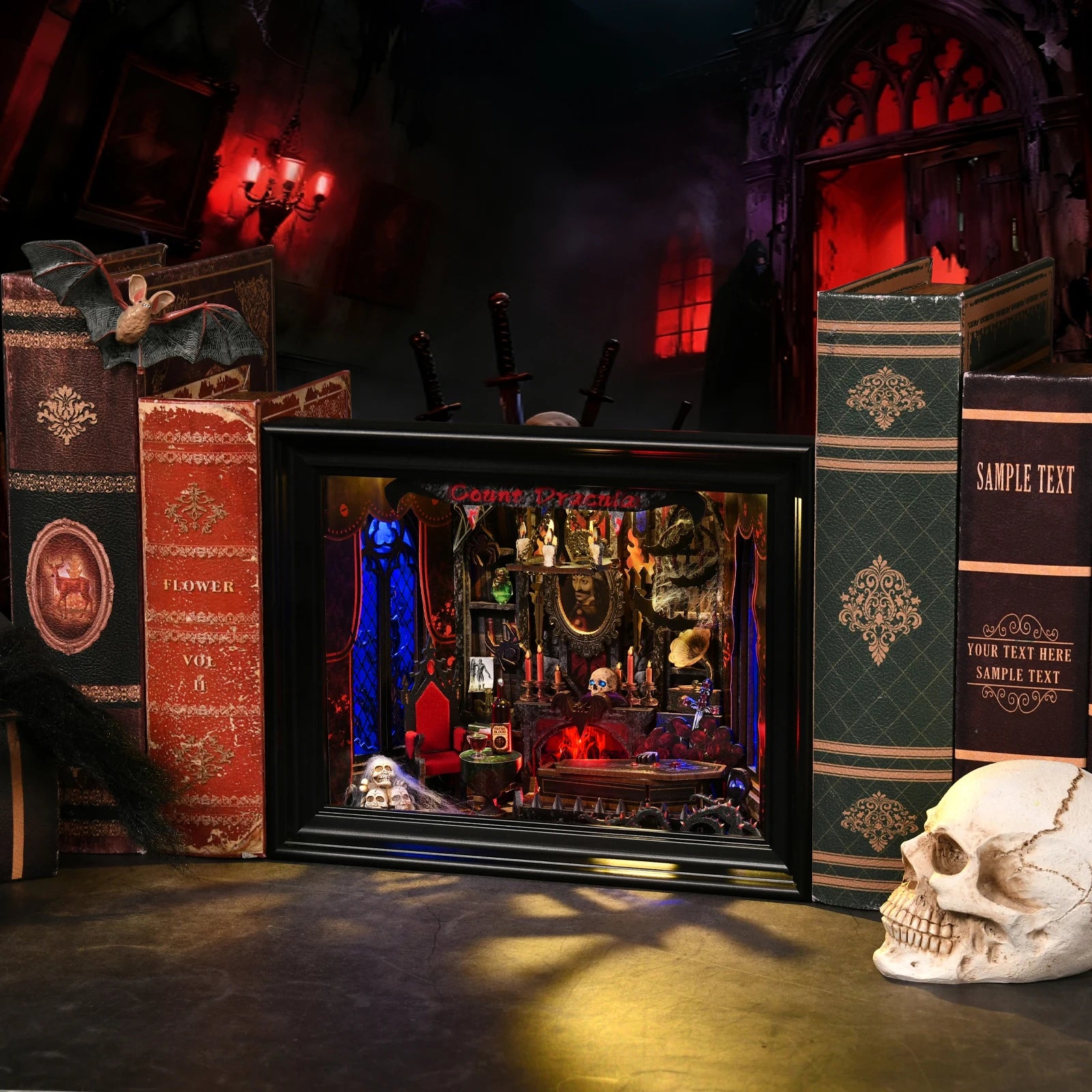DIY Book Nook Kit Vampire Dracula Wooden Bookshop Dollhouse with Light Bookshelf Insert 3D Puzzle Decor for Gift