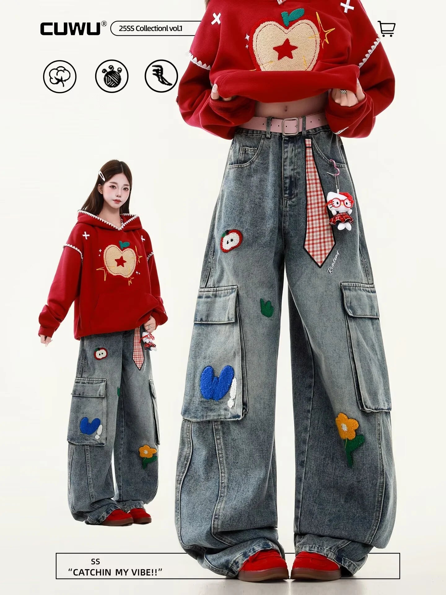 Embroidered Harajuku Women'S Jeans American Casual Style Retro Straight Leg High Street Wide Leg Pants Y2K Loose Jeans for Womem