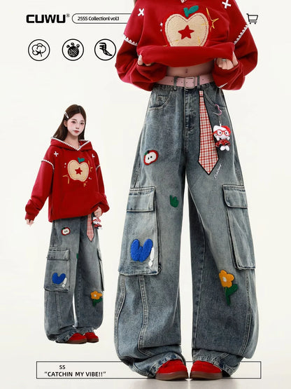 Embroidered Harajuku Women'S Jeans American Casual Style Retro Straight Leg High Street Wide Leg Pants Y2K Loose Jeans for Womem