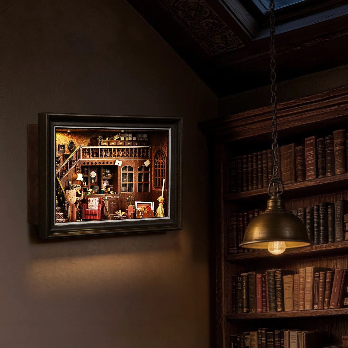 Book Nook Kit Secret Attic DIY 3D Wooden Puzzle Bookshelf Insert Dollhouse Model Bookend Building Home Decoration Photo Frame