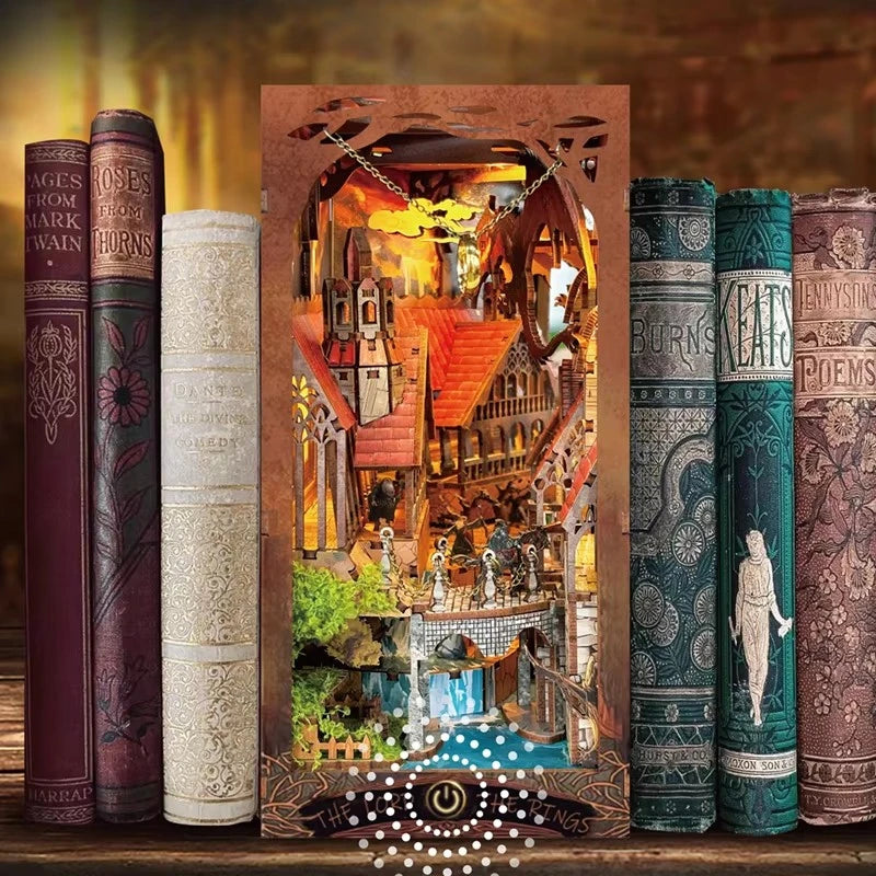 Retro Wooden DIY Book Nook Shelf Insert Miniature Kits the Magic Ring Bookshelf Home Bookend Decoration Adults Handmade Gifts