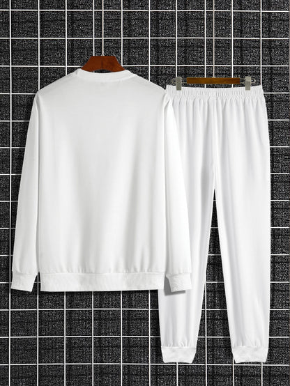 Autumn Trendy New Sweatshirt Sweatpants Set Men'S Daily Loose Casual Fit Printed Hundred Long Sleeve Sweatshirt 2 Piecesset