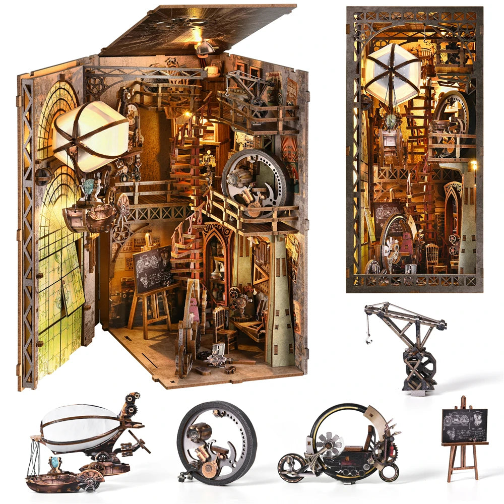 Book Nook Kit Airship Model 3D Wooden Puzzle DIY Home Decoration for Bookshelf Miniature Insert Magic Book House Stand Bookshelf