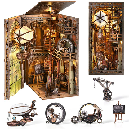 Book Nook Kit Airship Model 3D Wooden Puzzle DIY Home Decoration for Bookshelf Miniature Insert Magic Book House Stand Bookshelf