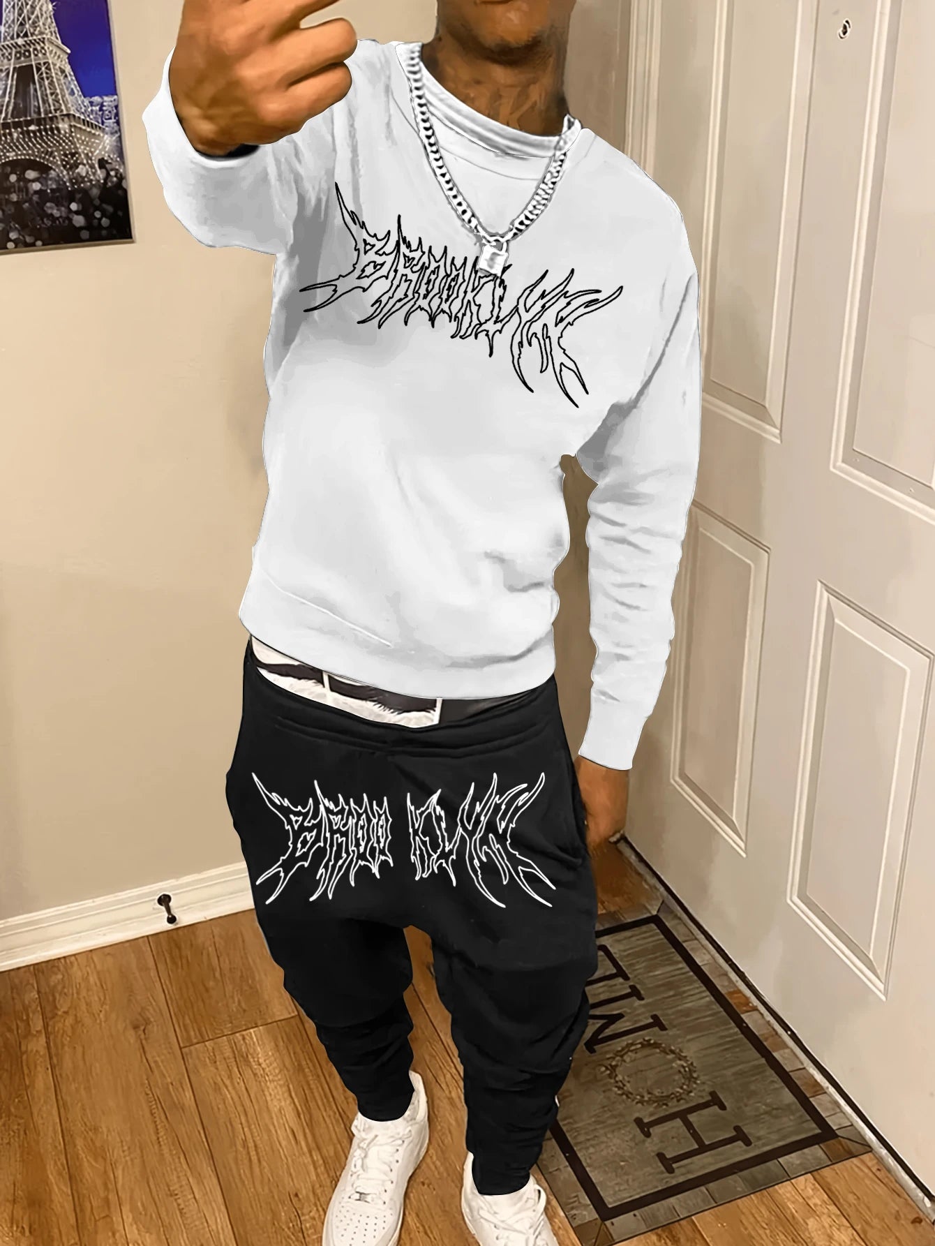 Autumn Trendy New Sweatshirt Sweatpants Set Men'S Daily Loose Casual Fit Printed Hundred Long Sleeve Sweatshirt 2 Piecesset