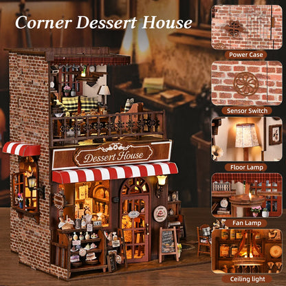 Cute Cake Shop 3D DIY Wooden Puzzle Book Nook Kit - Handmade Bookshelf Dollhouse Model Bookend for Home Decor