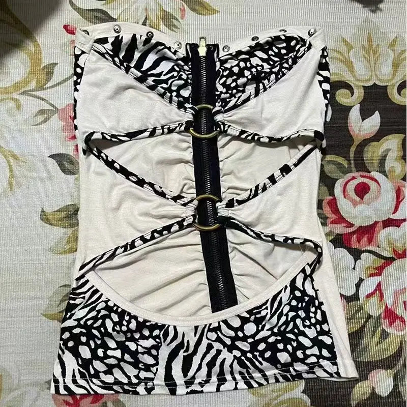 Retro Hottie Slim Strapless Vests American Subculture Leopard Stitching Tanks Tops Punk Harajuku Zipper Design Women'S Sexy Vest