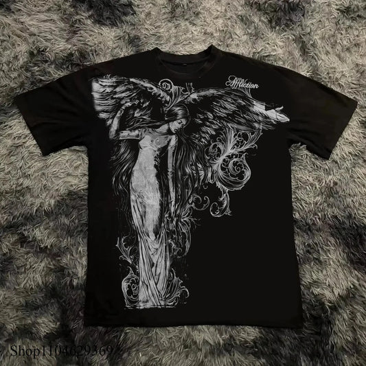 Classic Y2K Gothic Style T-Shirt Print Oversized T Shirt High Street Shirts Gothic round Neck Cotton Tops New Mens Women T Shirt