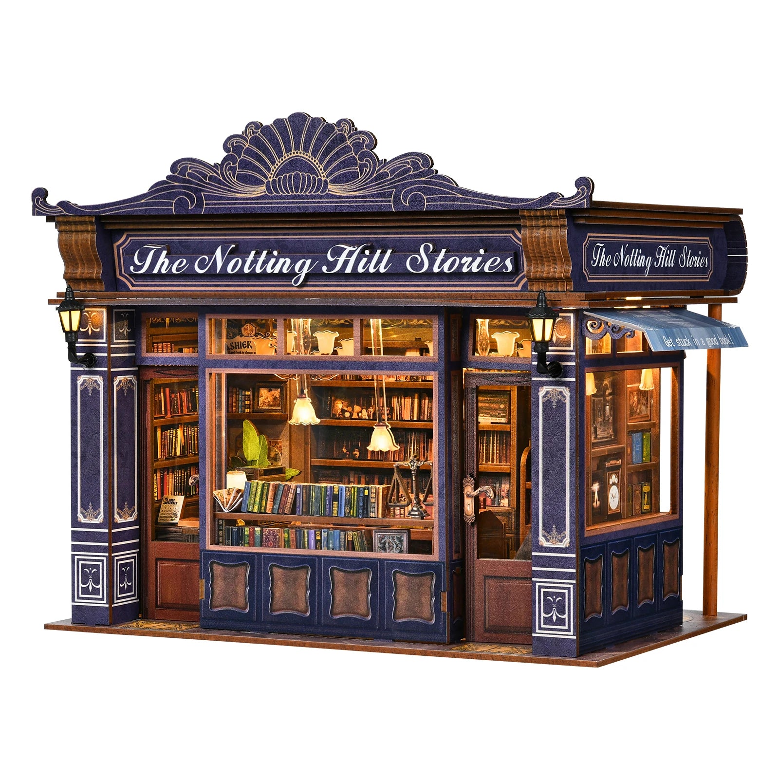 DIY Book Nook Kit Notting Hill Bookstore Wooden Bookshop Dollhouse with Light Bookshelf Insert 3D Puzzle Decor for Gift
