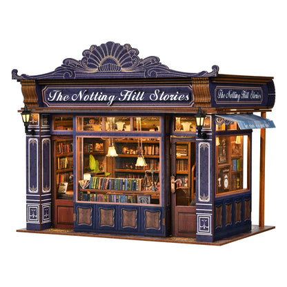 DIY Book Nook Kit Notting Hill Bookstore Wooden Bookshop Dollhouse with Light Bookshelf Insert 3D Puzzle Decor for Gift
