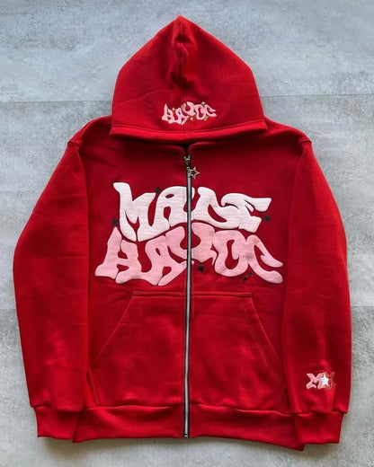 Hooded Zipper Hoodie with Retro American-Style Letters, Unisex, Suitable for Pairing with a Millennial-Style Jacket