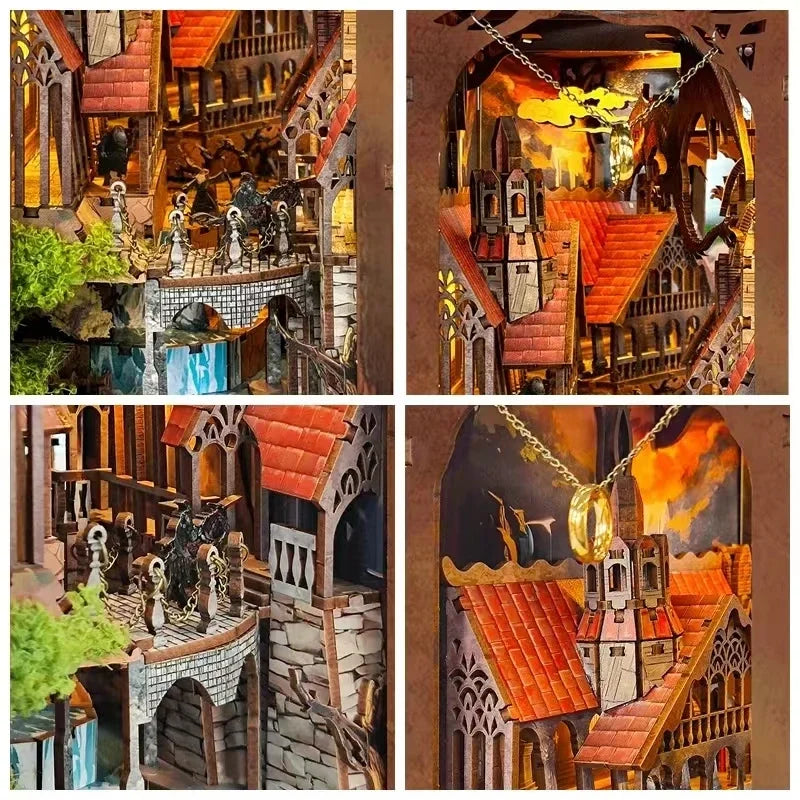 Retro Wooden DIY Book Nook Shelf Insert Miniature Kits the Magic Ring Bookshelf Home Bookend Decoration Adults Handmade Gifts