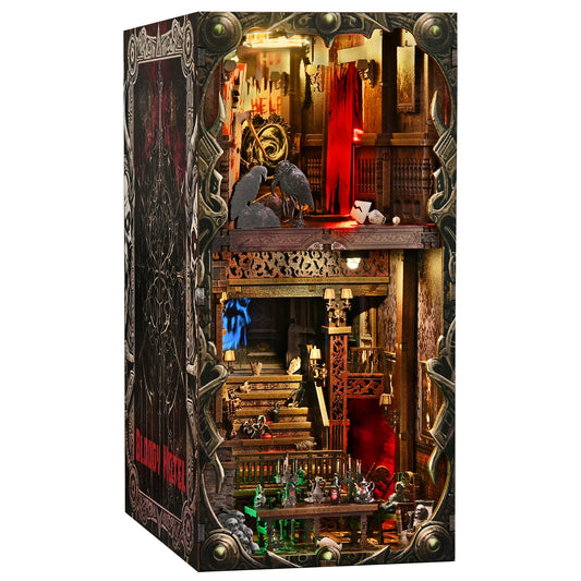 DIY Book Nook Kit Hotel of Terror Wooden Bookshop Dollhouse with Light Dynamic Video Bookshelf Insert 3D Puzzle Decor for Gift