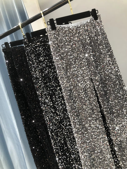 The New Women'S Fashion Trendy Sparkling Gold Pants Relaxation of Tall Waist Wide-Legged Pants Women'S South Korean Style