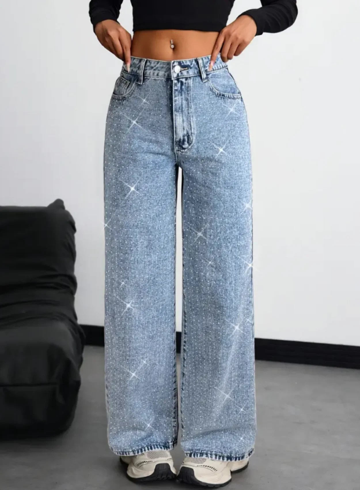 American-Style High Street Retro Full-Diamond Wide-Leg Jeans for Women New 2025 Autumn Style Versatile and Slimming Great for A