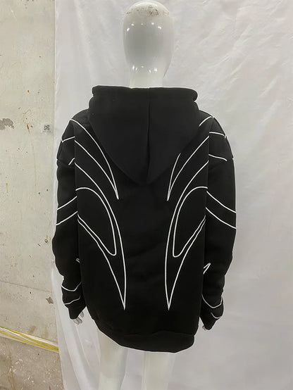 Street Retro Fashion Clothing Striped Embroidered Black Double Zipper Hoodie American Hip-Hop Punk Oversized Sweatshirt Women