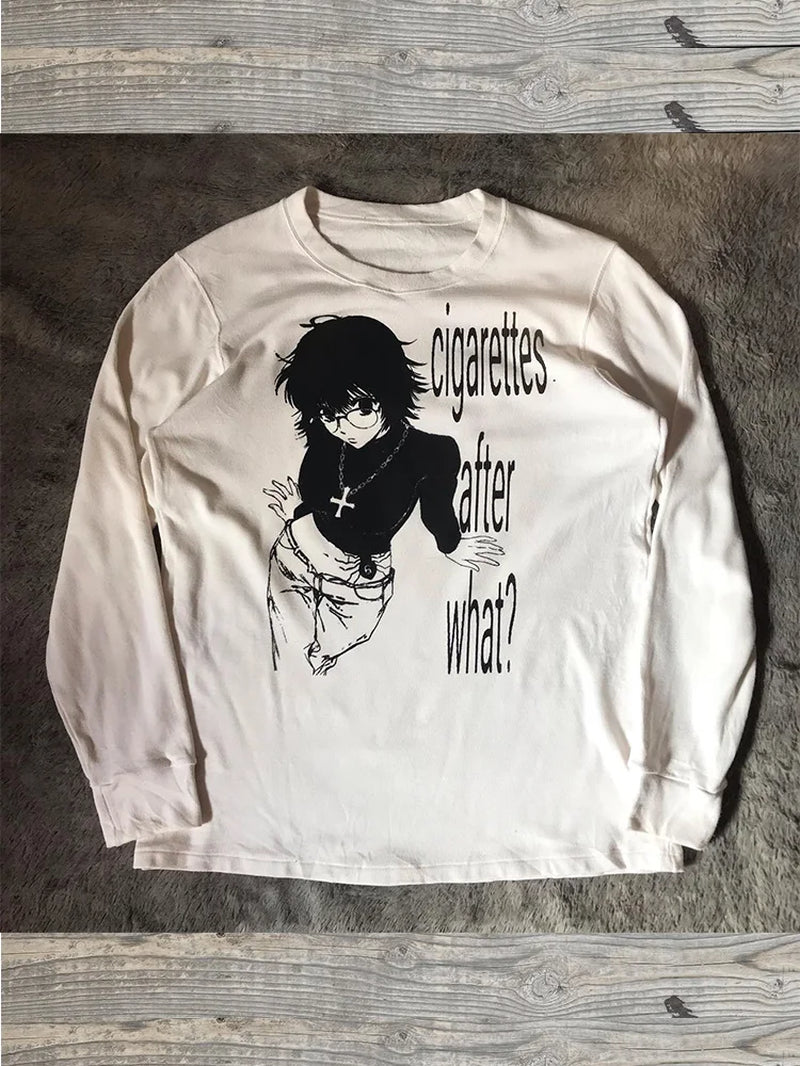 Women Retro Cute Harajuku Slim Fit Tops Lady White Casual T-Shirts Girls Letter Anime Print Long Sleeve Clothes