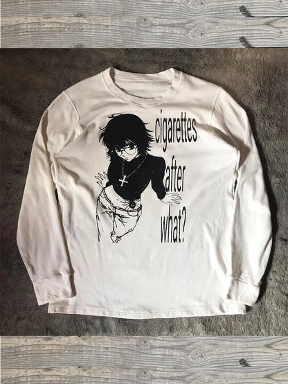 Women Retro Cute Harajuku Slim Fit Tops Lady White Casual T-Shirts Girls Letter Anime Print Long Sleeve Clothes