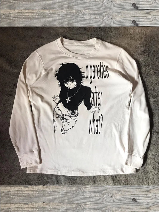 Women Retro Cute Harajuku Slim Fit Tops Lady White Casual T-Shirts Girls Letter Anime Print Long Sleeve Clothes