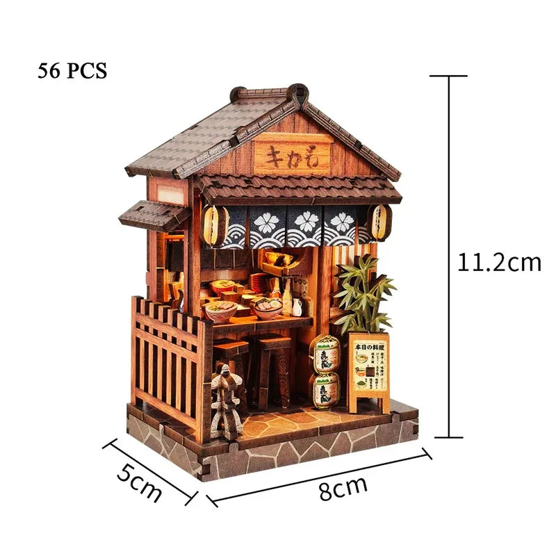 DIY Wooden Mini Casa Japanese Tavern Miniatures with Lights for Friends Birthday Gifts Home Decoration Crafts