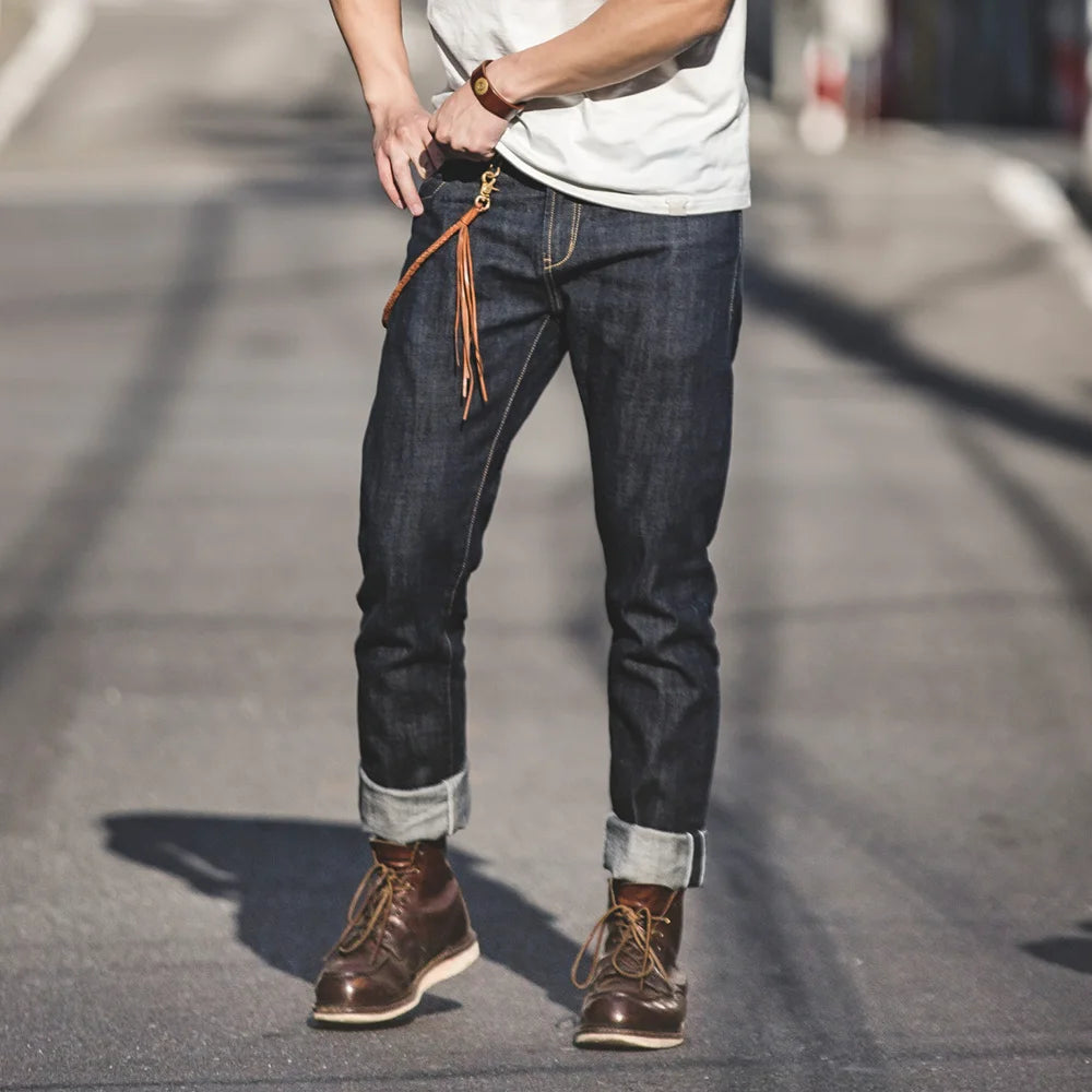 Men'S 14Oz Raw Selvedge Denim Jeans Vintage Straight Fit Horsehide Leather Patch Paris Buckle Jeans for Autumn and Winter