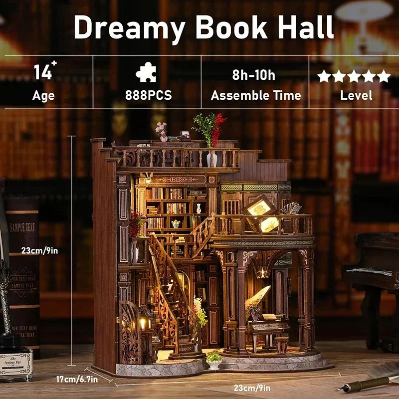 Retro DIY Wooden Dreamy Book Hall House Figurines Miniatures Kits with LED Lights Home Desk Decoration for Adult Handmade Gifts