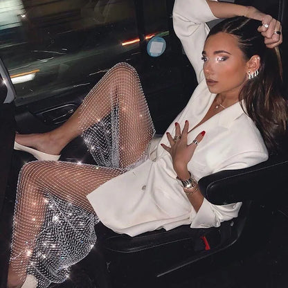 Sexy Y2K Streetwear Fishnet Rhinestone Pants Women Clothing See through Club Party Pants Vintage Clothes Wide Leg Pants Trousers