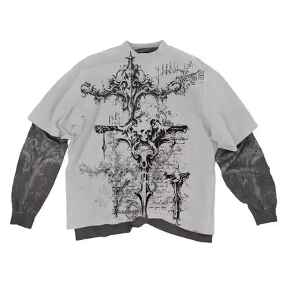 Y2K American Skull Pattern Long Sleeved T Shirt Fashion round Neck Oversized T Shirt New Mens Womens Casual Gothic Clothing Tops