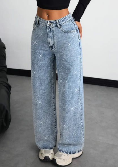 American-Style High Street Retro Full-Diamond Wide-Leg Jeans for Women New 2025 Autumn Style Versatile and Slimming Great for A