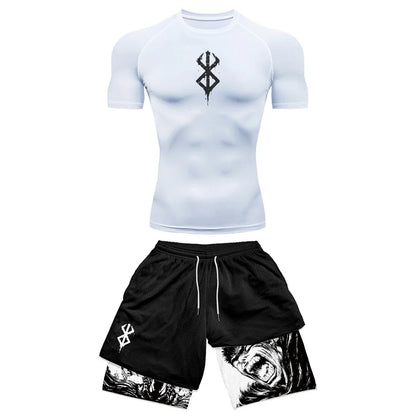 Anime 3D Printed Men'S Compression Set Short Sleeve Gym Top+Workout Shorts Quick Drying Breathble Athletics Rash Guard Set