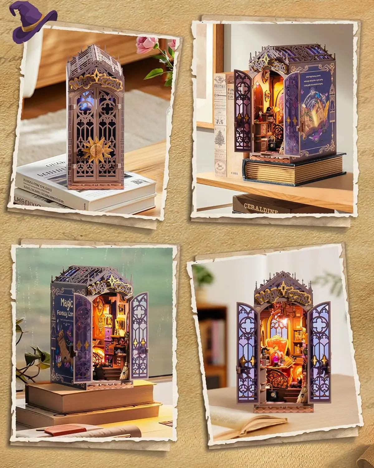 Book Nook Kits Magic Fantasy Corner DIY Booknook with Lights Miniature House Kit 3D Wooden Puzzle Bookshelf Gift