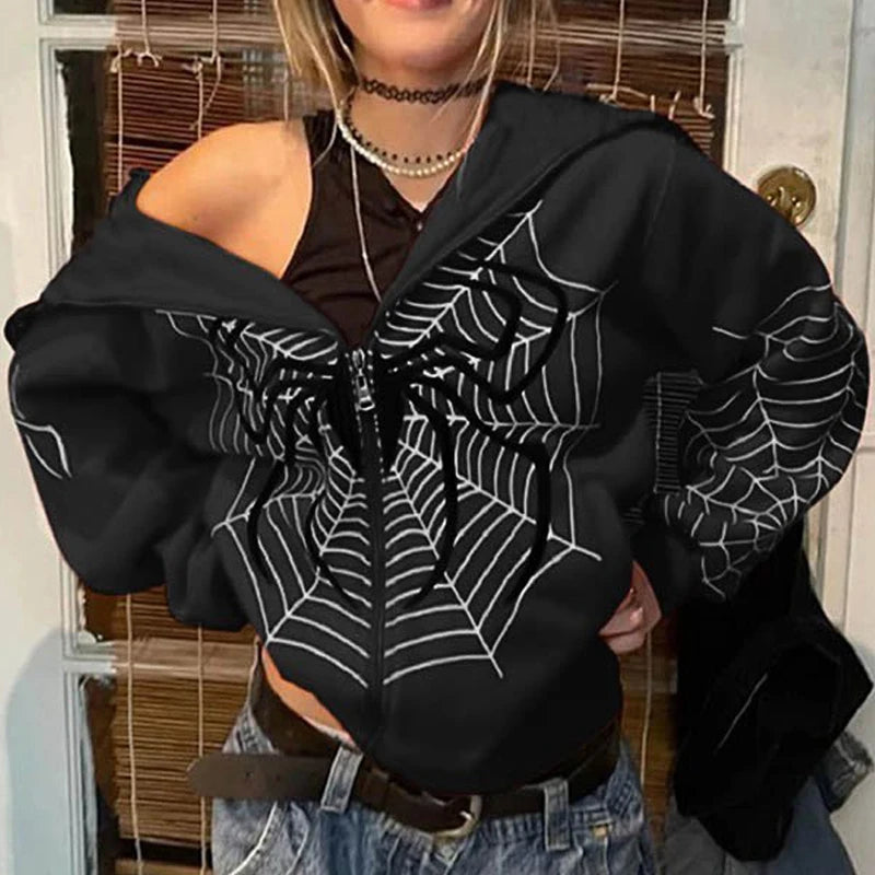 Y2K Rhinestone Skeleton Hoodies Women Gothic Black Zip up Oversized Sweatshirts Female Retro Harajuku Hooded Jackets Streetwear