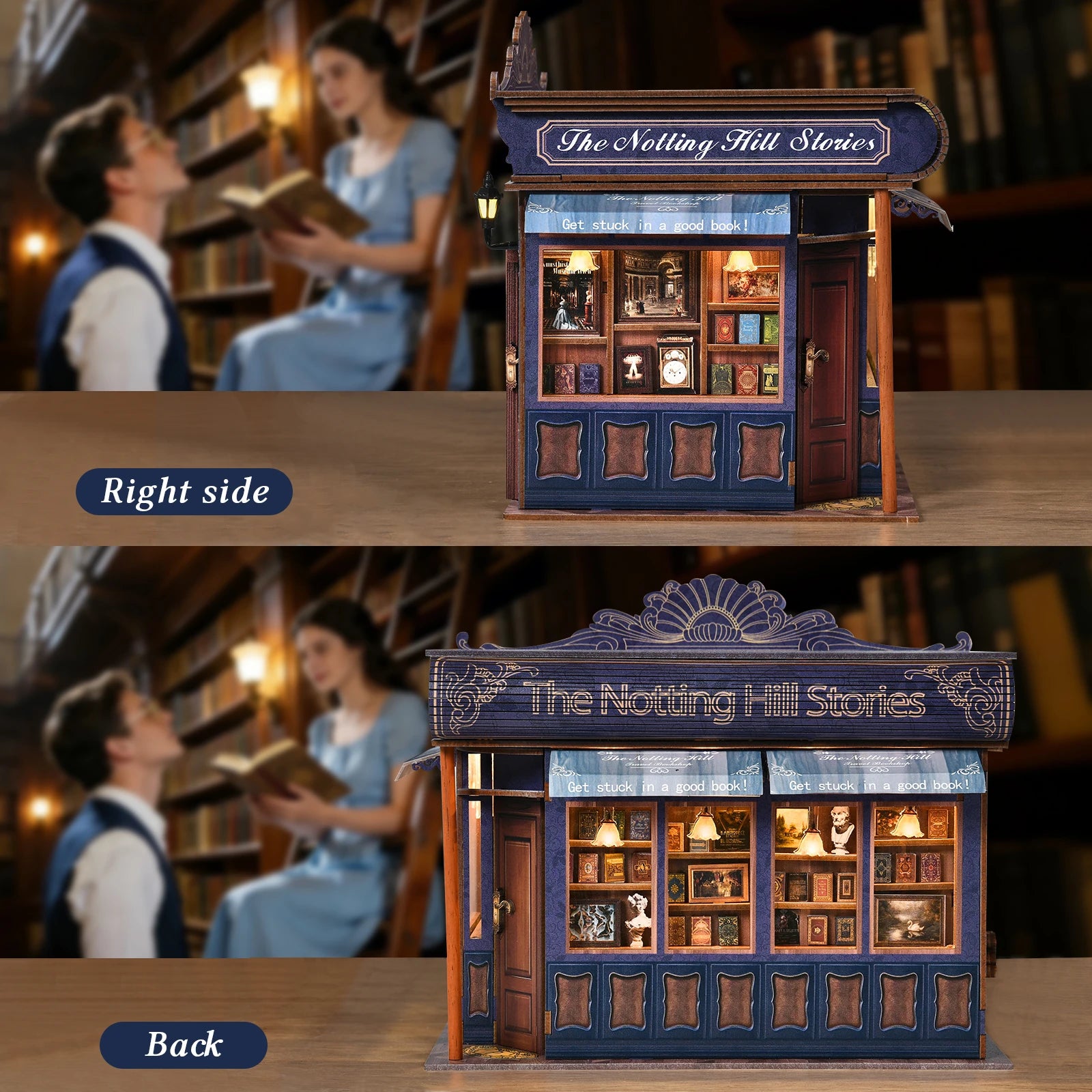 DIY Book Nook Kit Notting Hill Bookstore Wooden Bookshop Dollhouse with Light Bookshelf Insert 3D Puzzle Decor for Gift