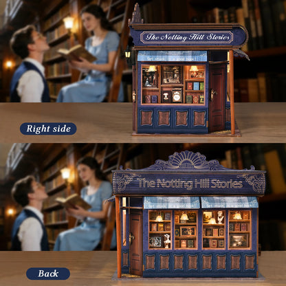 DIY Book Nook Kit Notting Hill Bookstore Wooden Bookshop Dollhouse with Light Bookshelf Insert 3D Puzzle Decor for Gift