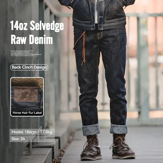 Men'S 14Oz Raw Selvedge Denim Jeans Vintage Straight Fit Horsehide Leather Patch Paris Buckle Jeans for Autumn and Winter