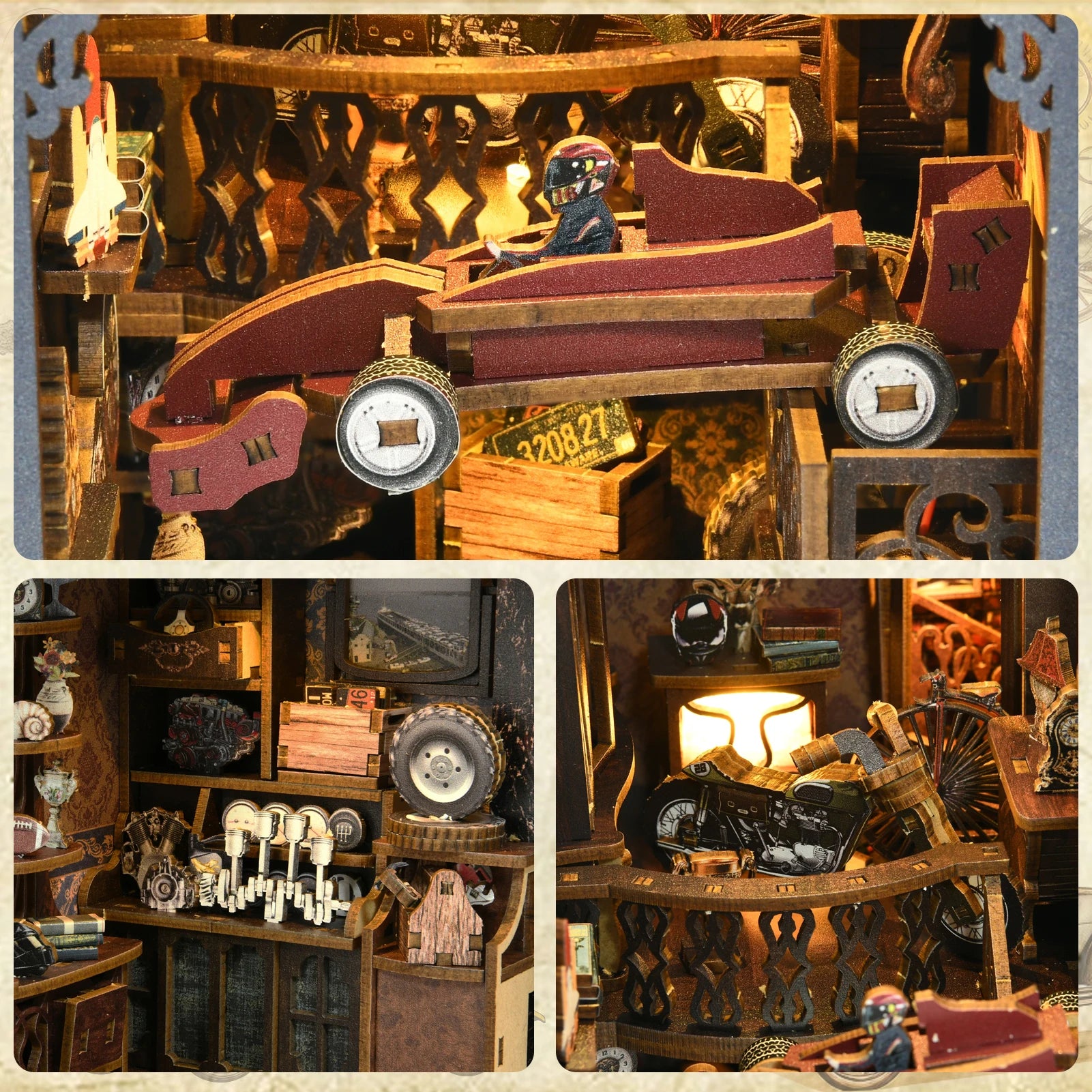 Model Car Vintage Classic Car Wooden Creative DIY 3D Puzzle Book Nook Kit Science Experiment Education Children'S Toys Bookshelf