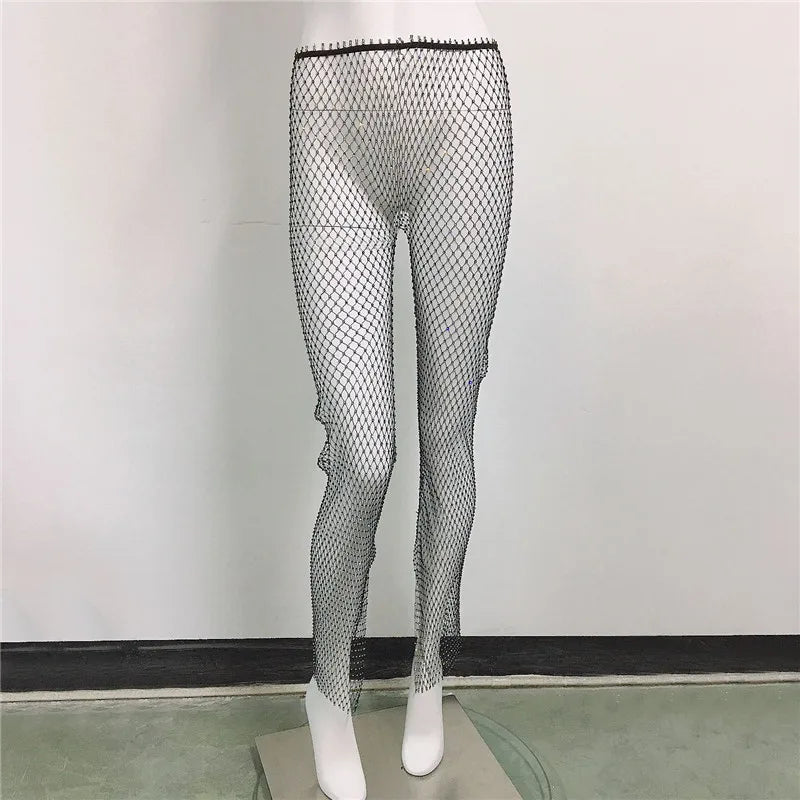 Sexy Y2K Streetwear Fishnet Rhinestone Pants Women Clothing See through Club Party Pants Vintage Clothes Wide Leg Pants Trousers