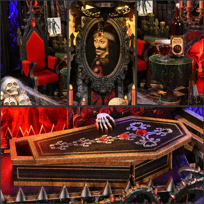 DIY Book Nook Kit Vampire Dracula Wooden Bookshop Dollhouse with Light Bookshelf Insert 3D Puzzle Decor for Gift