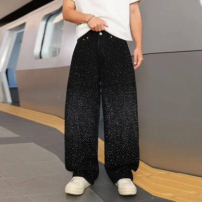 Spring/Summer Rhinestone Straight Leg Jeans Retro Loose Fit Slimming Pants Casual Korean Style Long Pants